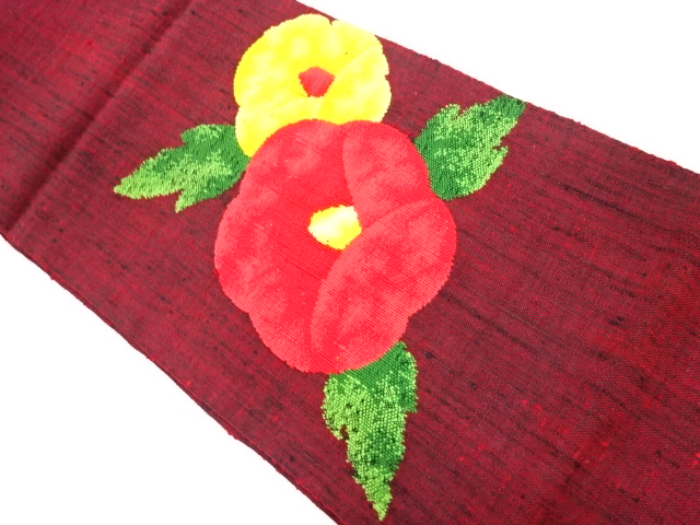 手織り真綿紬椿模様織り出し名古屋帯